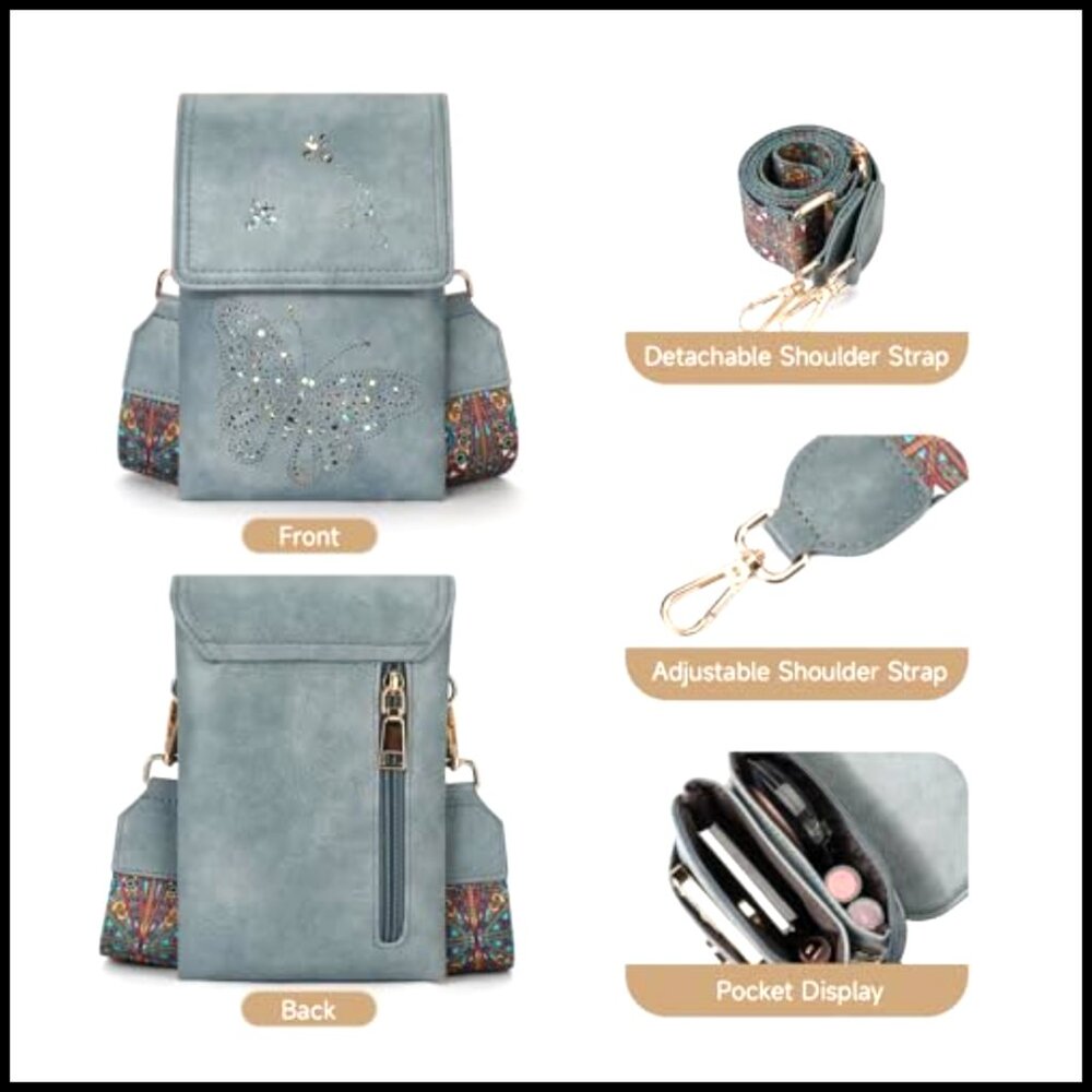 Vegan Leather Crossbody Bag with Triple Pockets, Adjustable Strap, Butterfly - Picture 6 of 7